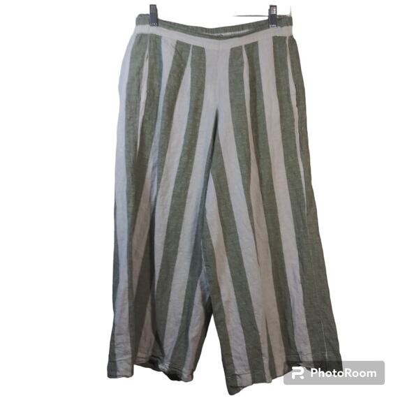 Beachlunchlounge Green Stripe Linen Wide Leg Crop Pull On Pants Size L - Picture 1 of 9